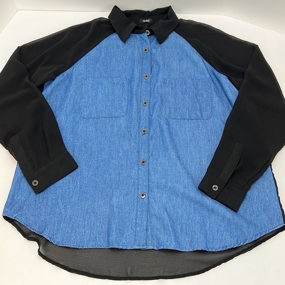 Nollie Contrast Chambray Denim Front Sheer Back Button Front Shirt Top L… - Picture 4 of 14